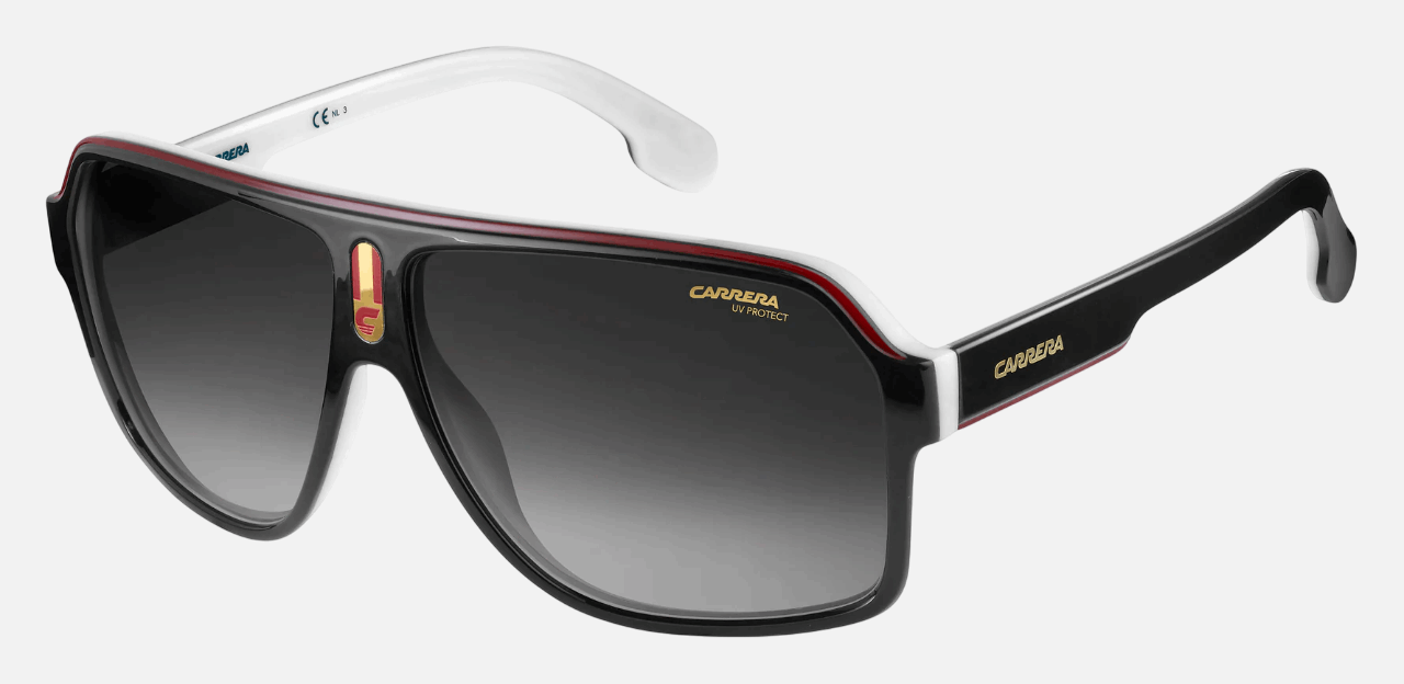 Carrera CARRERA 1001/S 80S  men's full rim square sunglasses in black white frame and dark grey gradient lenses, with 62mm lens size, 11mm bridge size, and 140mm temple size. Available in Dubai, UAE.