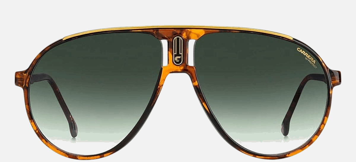 Carrera CHAMPION65/N 0UC  men's full rim pilot sunglasses in red havana frame and green gradient lenses, with 62mm lens size, 12mm bridge size, and 130mm temple size. Available in Dubai, UAE.