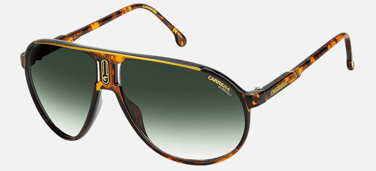 Carrera CHAMPION65/N 0UC  men's full rim pilot sunglasses in red havana frame and green gradient lenses, with 62mm lens size, 12mm bridge size, and 130mm temple size. Available in Dubai, UAE.