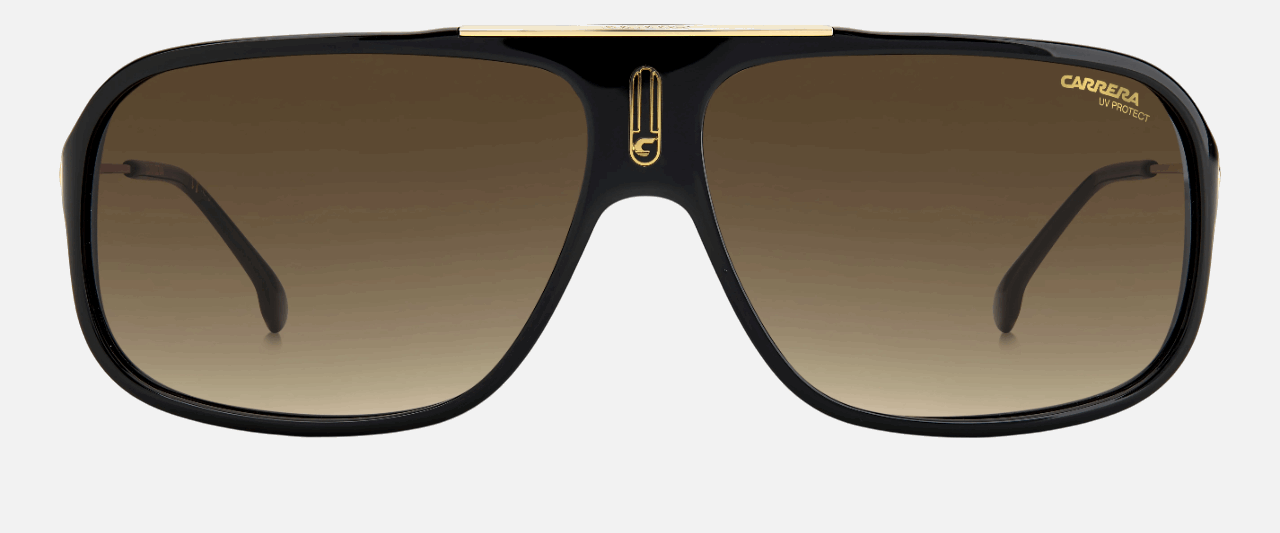 Carrera COOL65 807  men's full rim rectangle sunglasses in black frame and brown gradient lenses, with 64mm lens size, 12mm bridge size, and 135mm temple size. Available in Dubai, UAE.