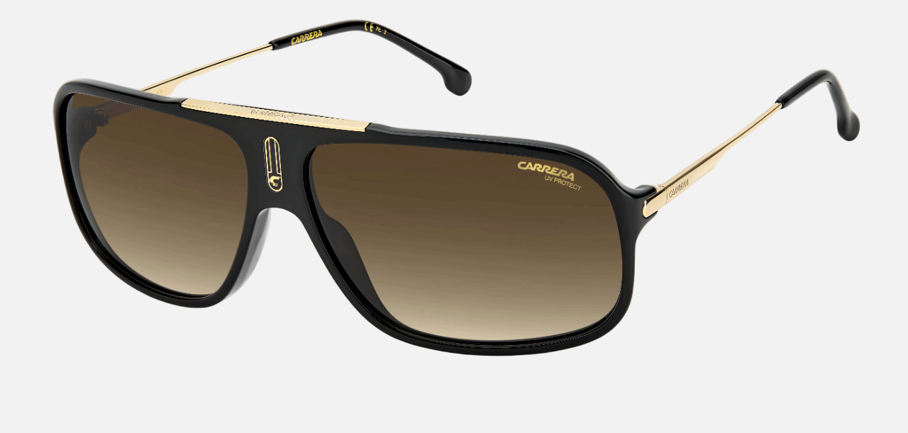 Carrera COOL65 807  men's full rim rectangle sunglasses in black frame and brown gradient lenses, with 64mm lens size, 12mm bridge size, and 135mm temple size. Available in Dubai, UAE.