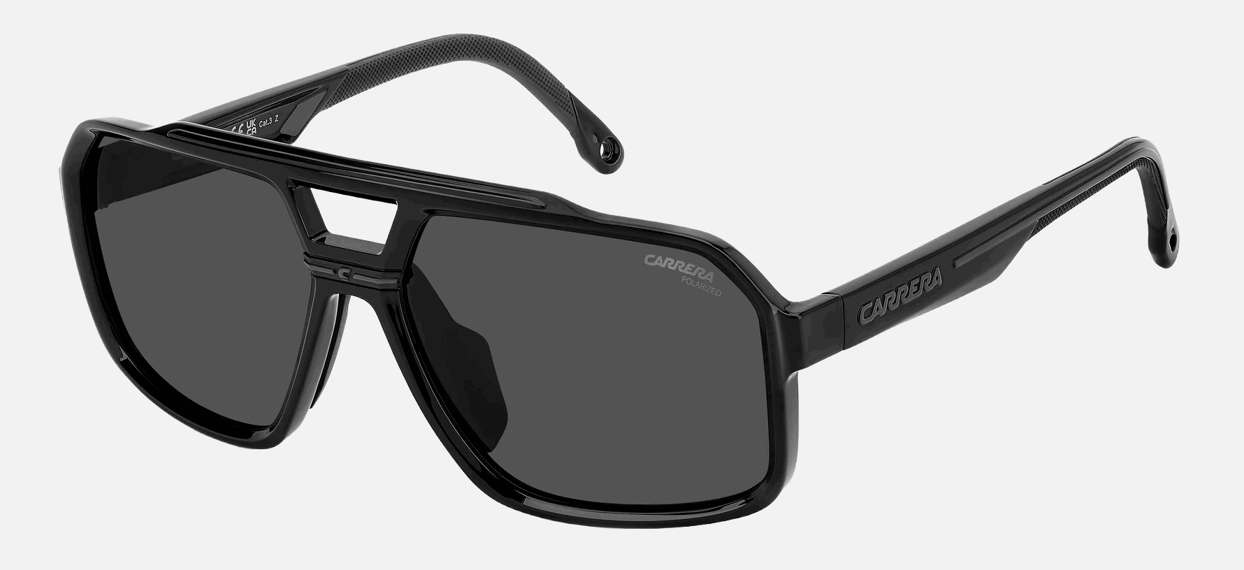 Carrera C SPORT 03/S 807 men's full rim irregular sunglasses in black frame and grey polarized lenses, with 61 mm lens size, 16 mm bridge size, and 145 mm temple size. Available in Dubai, UAE.