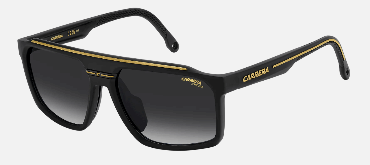 Carrera C SPORT 04/S I46 men's full rim rectangle sunglasses in matte black gold frame and dark grey gradient lenses, with 59 mm lens size, 17 mm bridge size, and 145 mm temple size. Available in Dubai, UAE.