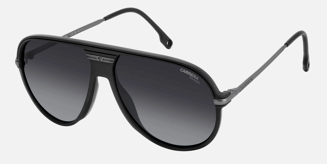Carrera C SPORT 06/S RZZ men's full rim pilot sunglasses in matte black dark ruthenium frame and grey gradient polarized lenses, with 61 mm lens size, 14 mm bridge size, and 145 mm temple size. Available in Dubai, UAE.