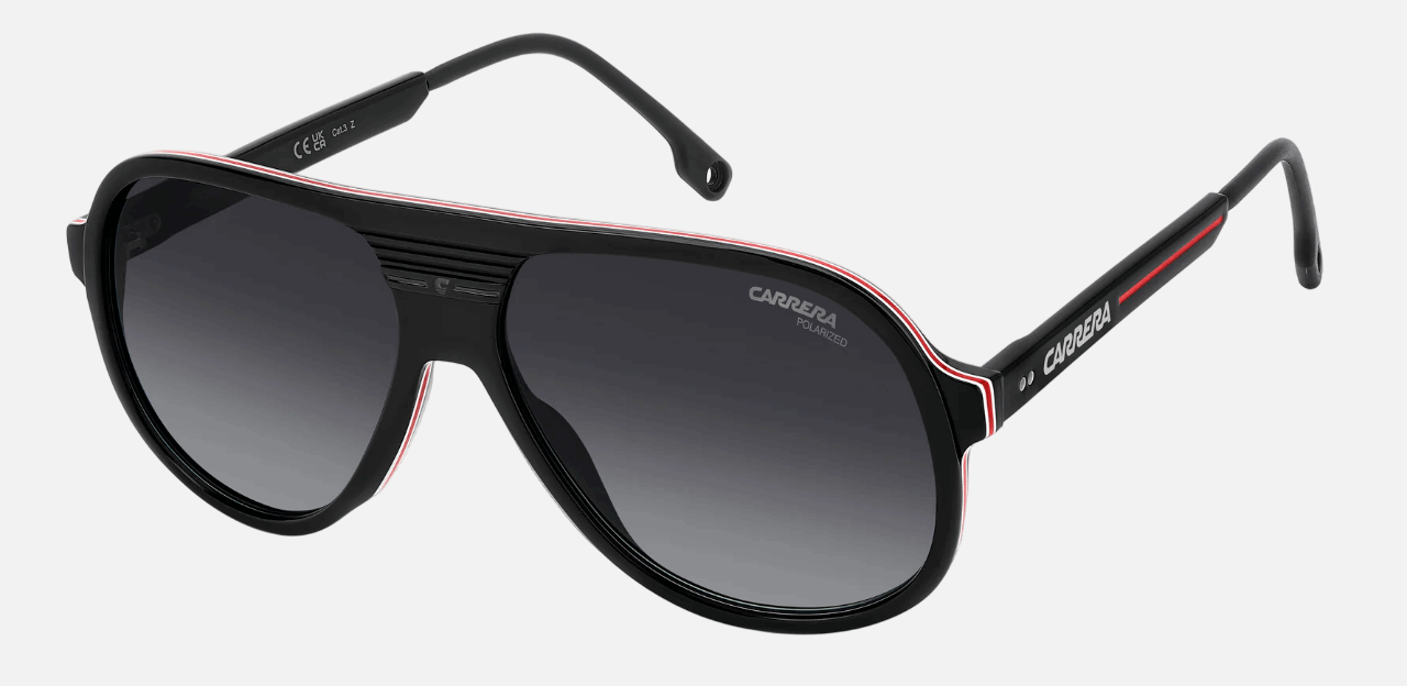 Carrera C SPORT 07/S 807 men's full rim pilot sunglasses in black frame and grey gradient polarized lenses, with 59 mm lens size, 14 mm bridge size, and 145 mm temple size. Available in Dubai, UAE.