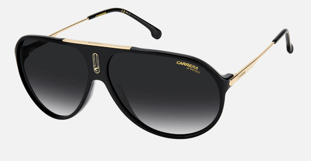 Carrera HOT65 807  unisex's full rim navigator sunglasses in black frame and dark grey gradient lenses, with 63mm lens size, 11mm bridge size, and 135mm temple size. Available in Dubai, UAE.