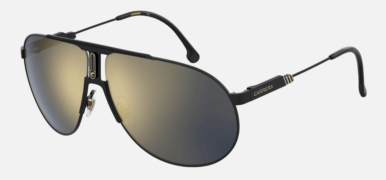 Carrera PANAMERIKA 65 003  unisex's full rim pilot sunglasses in matte black gold frame and grey bronze mirror lenses, with 65mm lens size, 11mm bridge size, and 135mm temple size. Available in Dubai, UAE.