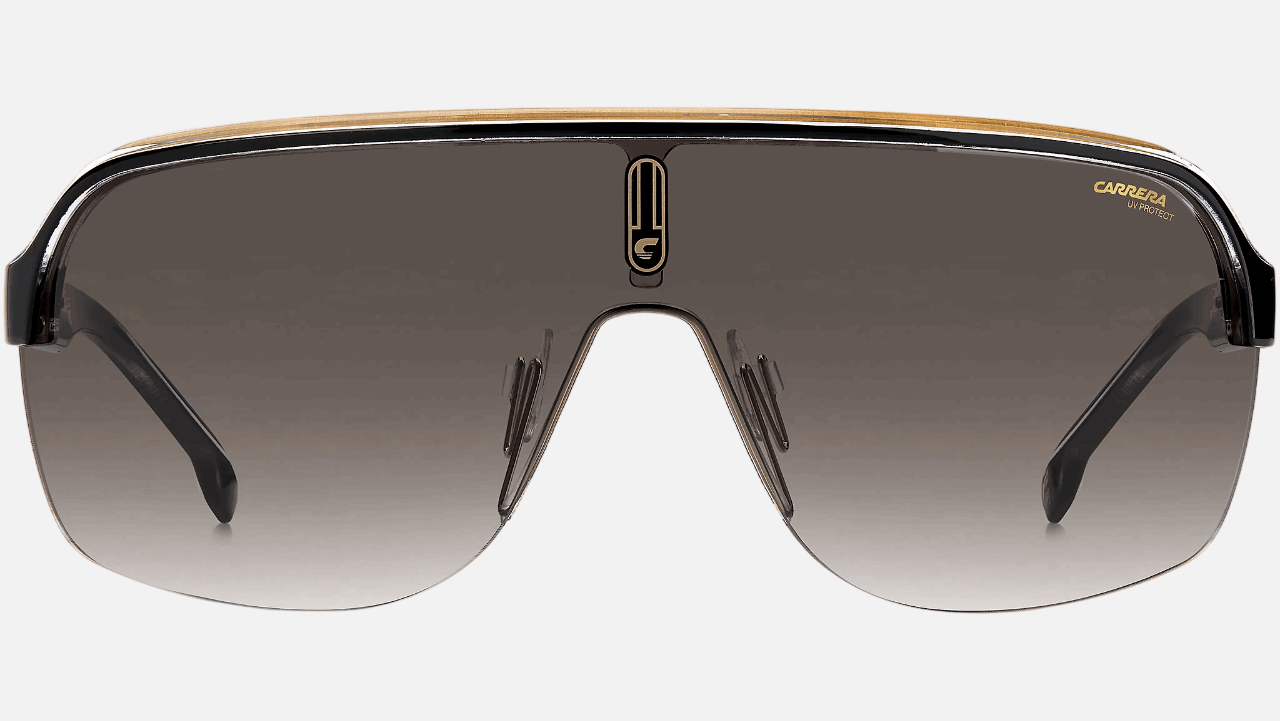 Carrera TOPCAR 1/N 2M2  men's semi-rimless mask sunglasses in black gold frame and brown gradient lenses, with 99mm lens size, 1mm bridge size, and 115mm temple size. Available in Dubai, UAE.
