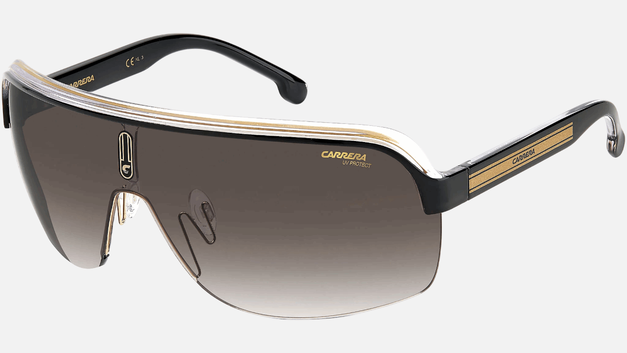 Carrera TOPCAR 1/N 2M2  men's semi-rimless mask sunglasses in black gold frame and brown gradient lenses, with 99mm lens size, 1mm bridge size, and 115mm temple size. Available in Dubai, UAE.
