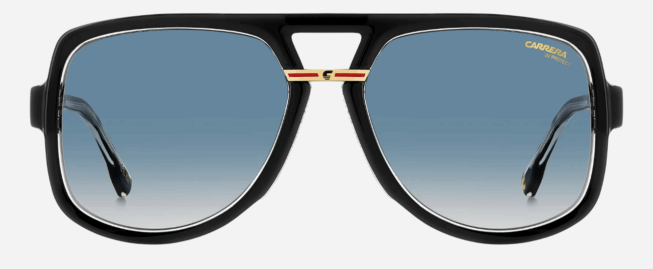 Carrera VICTORY C 10/S 7C5  men's full rim square sunglasses in black crystal frame and dark blue gradient lenses, with 59mm lens size, 17mm bridge size, and 145mm temple size. Available in Dubai, UAE.