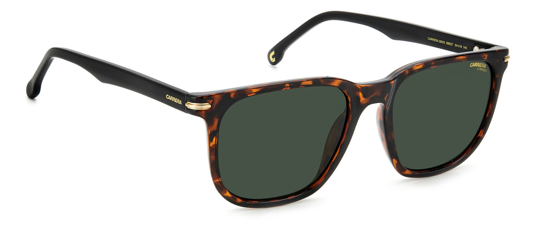 Carrera 300/S 086 unisex's full rim rectangle sunglasses in a havana injected frame with green lenses. Features a 54 mm lens size, 18 mm bridge size, and 145 mm temple length. Available in Dubai, UAE.