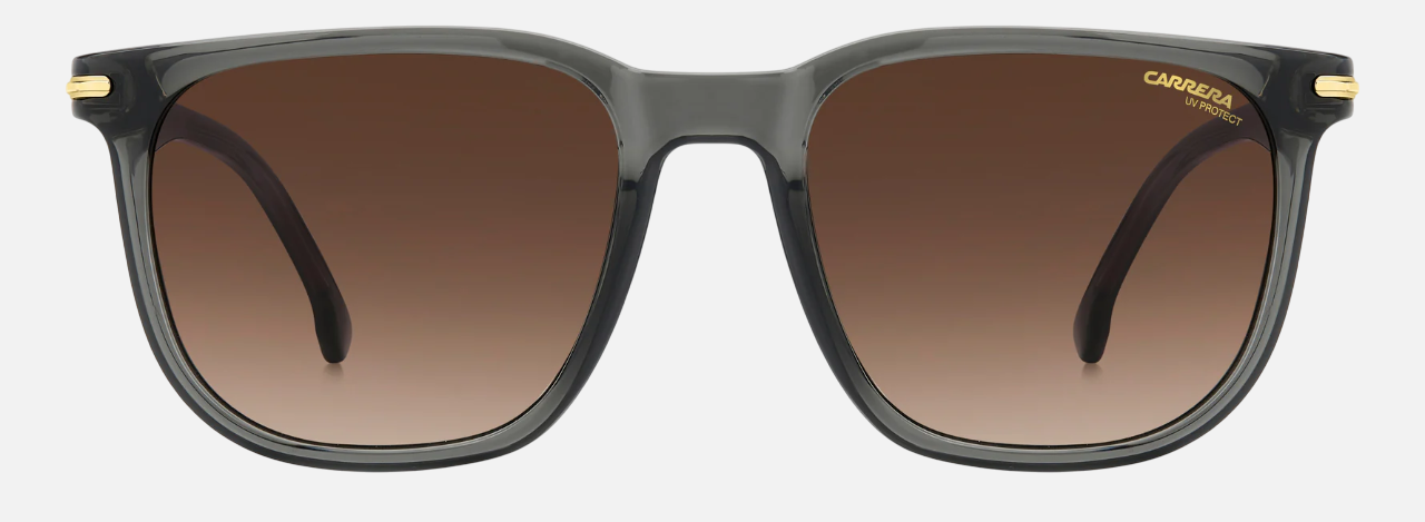Carrera 300/S KB7 unisex's full rim square sunglasses in a transparent grey plastic frame with gradient brown lenses. Features a 54 mm lens size, 18 mm bridge size, and 145 mm temple length. Available in Dubai, UAE.