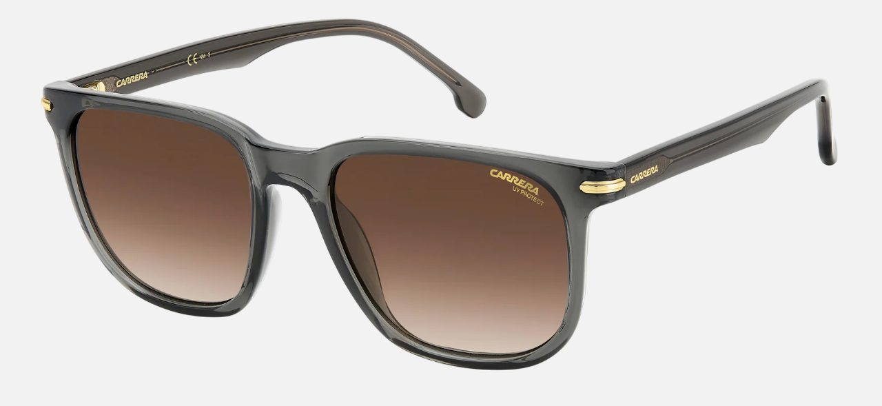 Carrera 300/S KB7 unisex's full rim square sunglasses in a transparent grey plastic frame with gradient brown lenses. Features a 54 mm lens size, 18 mm bridge size, and 145 mm temple length. Available in Dubai, UAE.