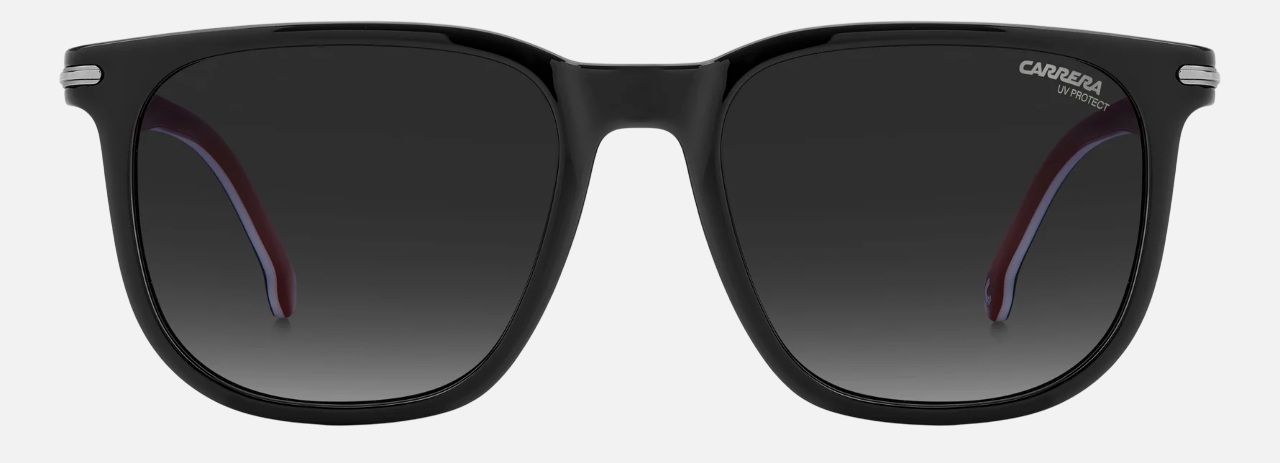Carrera 300/S M4P unisex's full rim square sunglasses in a black acetate frame with grey gradient lenses. Features a 54 mm lens size, 18 mm bridge size, and 145 mm temple length. Available in Dubai, UAE.