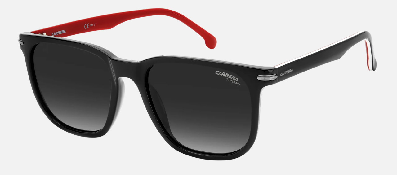 Carrera 300/S M4P unisex's full rim square sunglasses in a black acetate frame with grey gradient lenses. Features a 54 mm lens size, 18 mm bridge size, and 145 mm temple length. Available in Dubai, UAE.