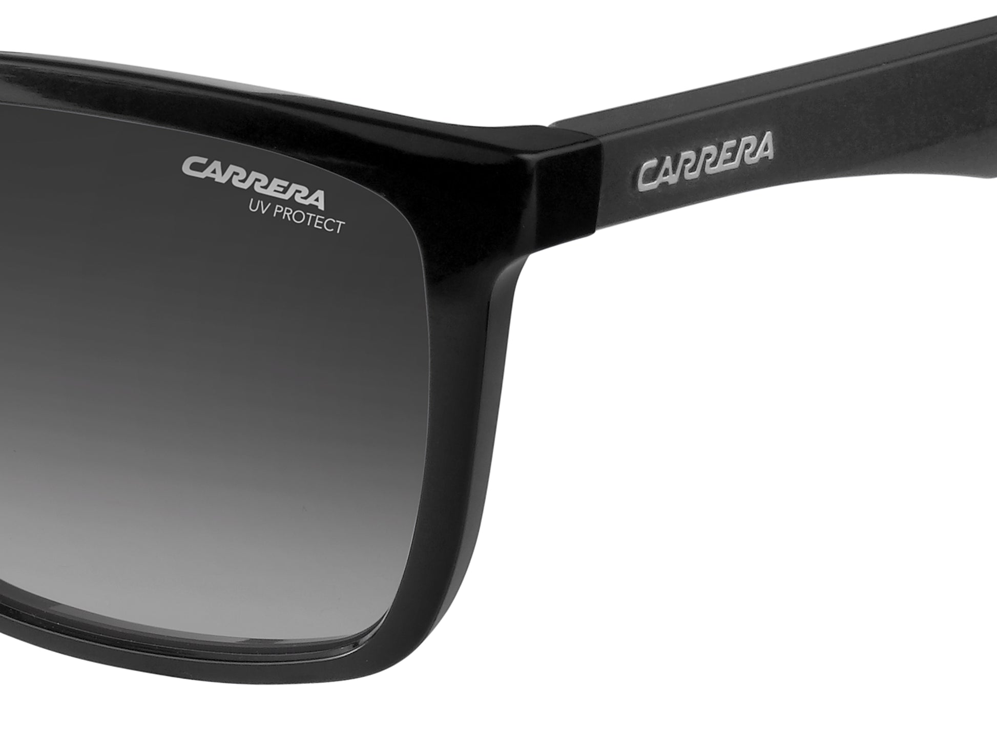 Carrera 5041/S 807 black sunglasses with gradient lenses on a white background zoomed in showing the Carrera logo branding and UV protect lenses