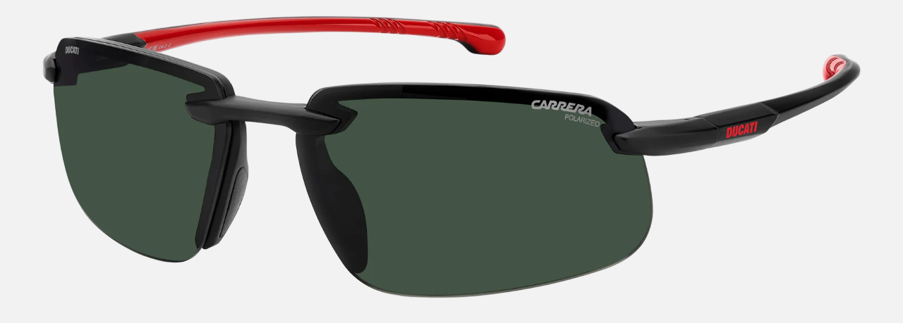 Carrera CARDUC 043/S 003  men's rimless rectangle sunglasses in matte black frame and green polarized lenses, with 63mm lens size, 14mm bridge size, and 145mm temple size. Available in Dubai, UAE.