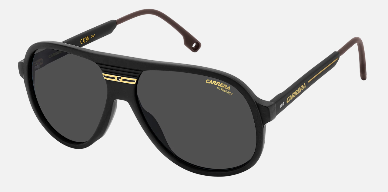 Carrera C SPORT 07/S I46 men's full rim pilot sunglasses in matte black gold frame and grey lenses, with 59 mm lens size, 14 mm bridge size, and 145 mm temple size. Available in Dubai, UAE.