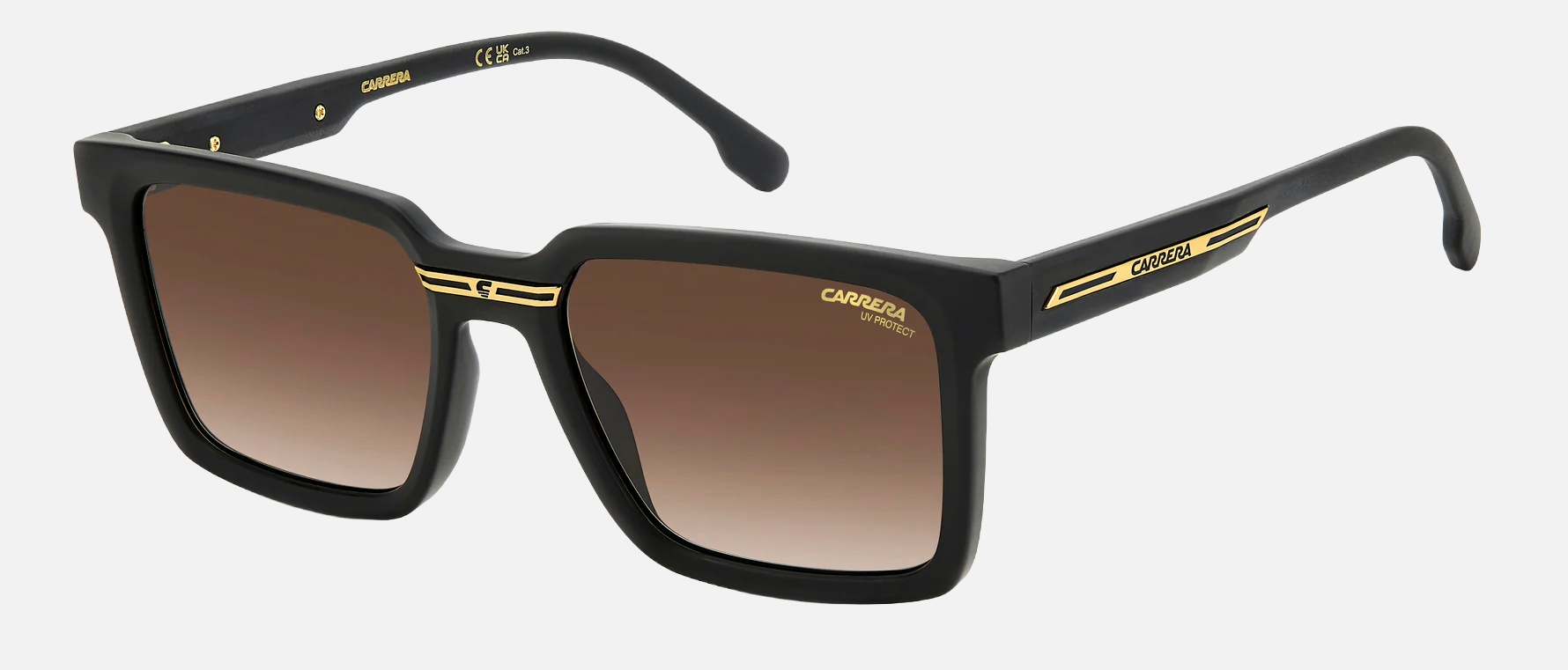 Carrera Victory C 02/S 003 men's full rim rectangle sunglasses in a matte black polyamide frame with brown gradient lenses. Features a 54 mm lens size, 19 mm bridge size, and 145 mm temple length. Available in Dubai, UAE.