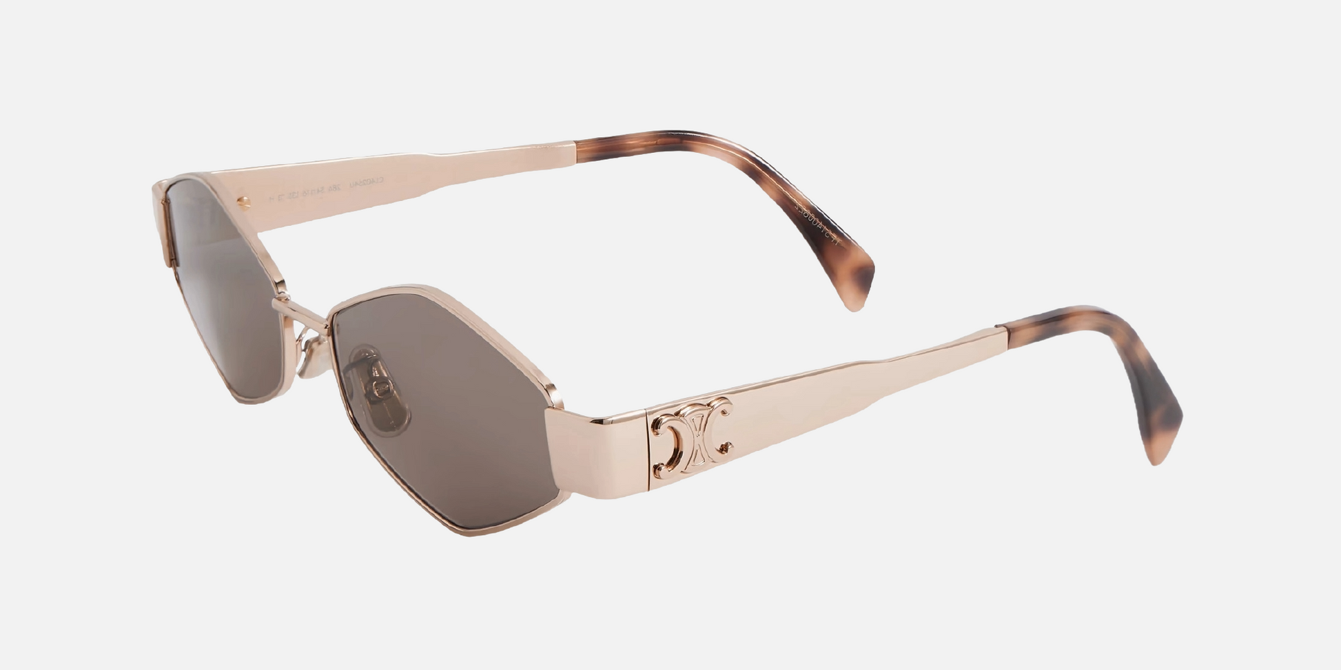 Celine Triomphe Metal 02 CL40254U 28A women's full rim hexagonal sunglasses in a rose gold metal frame with brown lenses. Features a 54 mm lens size, 16 mm bridge size, and 135 mm temple length. Available in Dubai, UAE.