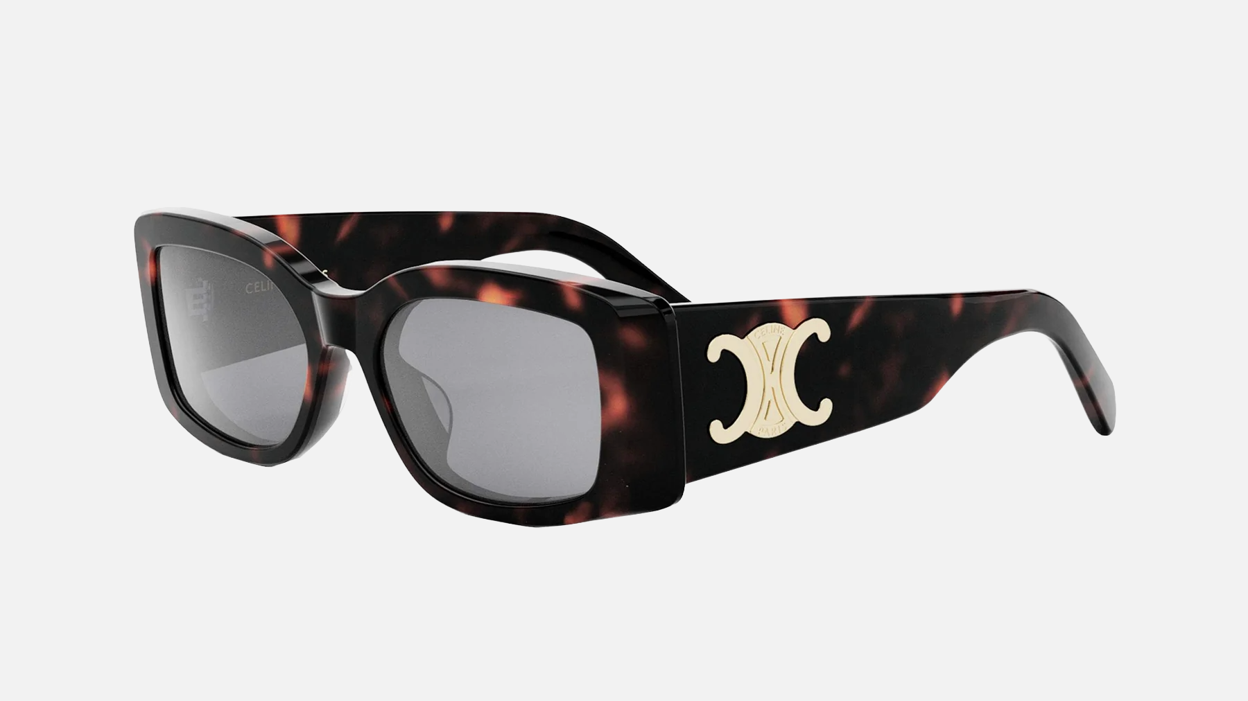 Celine Maxi Triomphe CL40282U 52A women's full rim rectangle acetate sunglasses in tortoise frame, and grey lenses, with 53 mm lens size, 18 mm bridge size, and 135 mm temple length. Available in Dubai, UAE.