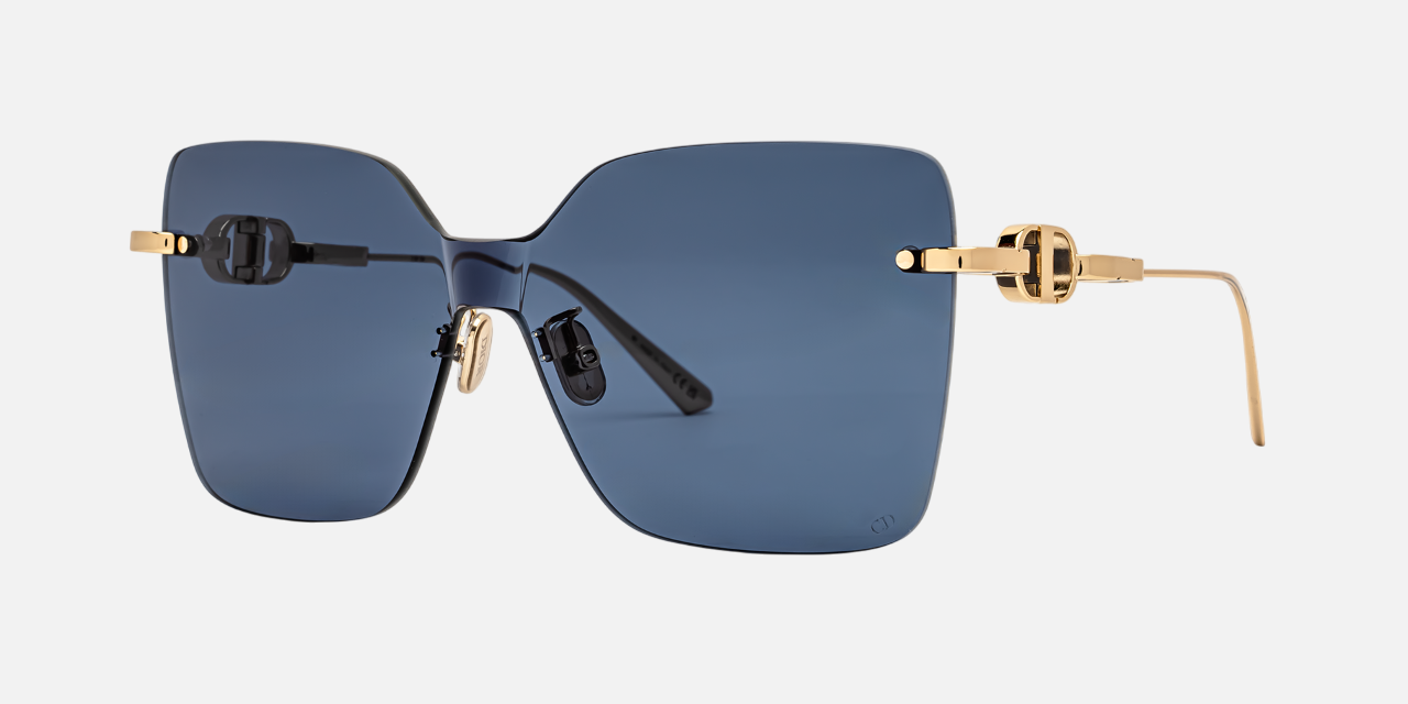 Christian Dior CD CHAIN M1U B0B0 shield sunglasses for women in rimless metal, with shiny gold frame, and blue lenses. 140mm in lens size, 0mm in bridge size, and 120mm in temple length.