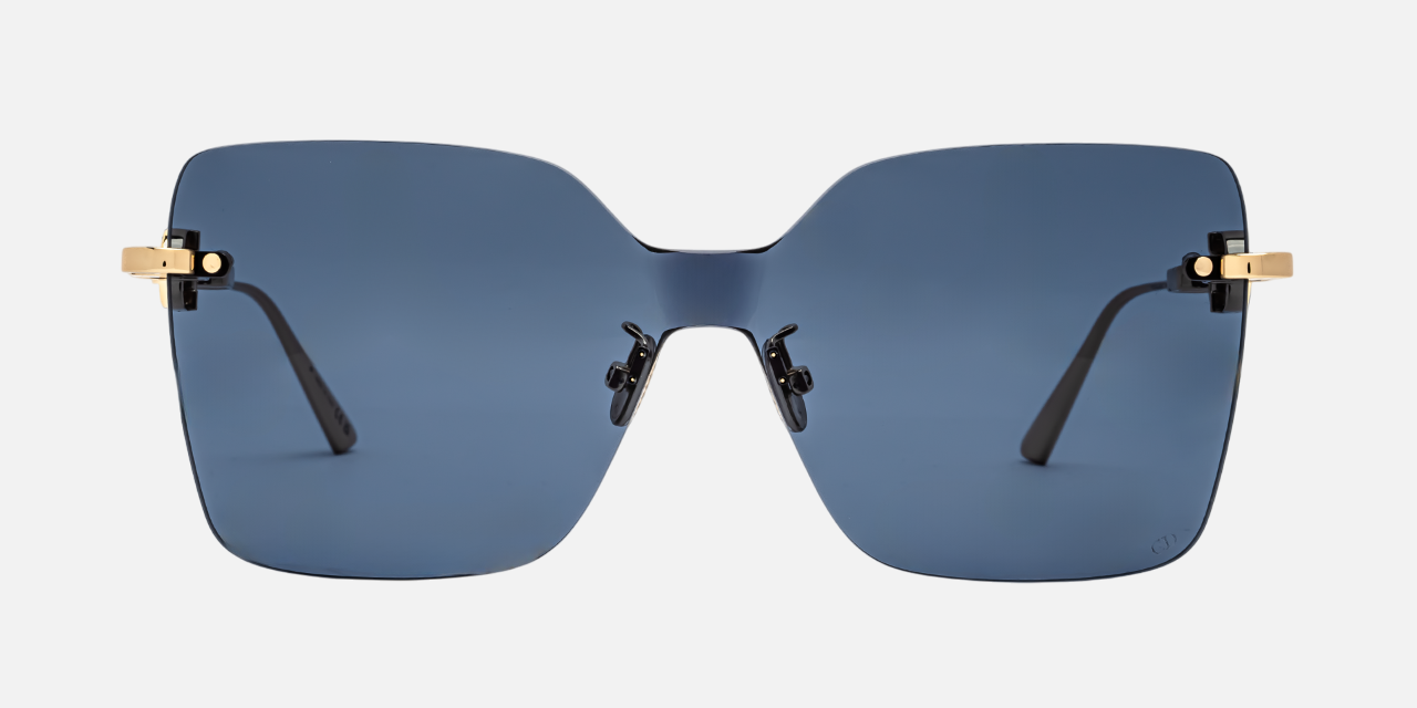 Christian Dior CD CHAIN M1U B0B0 shield sunglasses for women in rimless metal, with shiny gold frame, and blue lenses. 140mm in lens size, 0mm in bridge size, and 120mm in temple length.