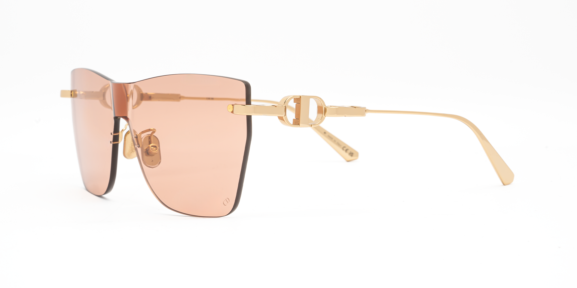 Christian Dior CD CHAIN M3U B0L0 butterly sunglasses for women in rimless metal, with shiny gold frame, and pink lenses. 143mm in lens size, 0mm in bridge size, and 120mm in temple length.