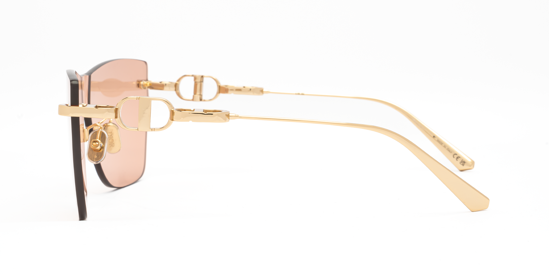 Christian Dior CD CHAIN M3U B0L0 butterly sunglasses for women in rimless metal, with shiny gold frame, and pink lenses. 143mm in lens size, 0mm in bridge size, and 120mm in temple length.