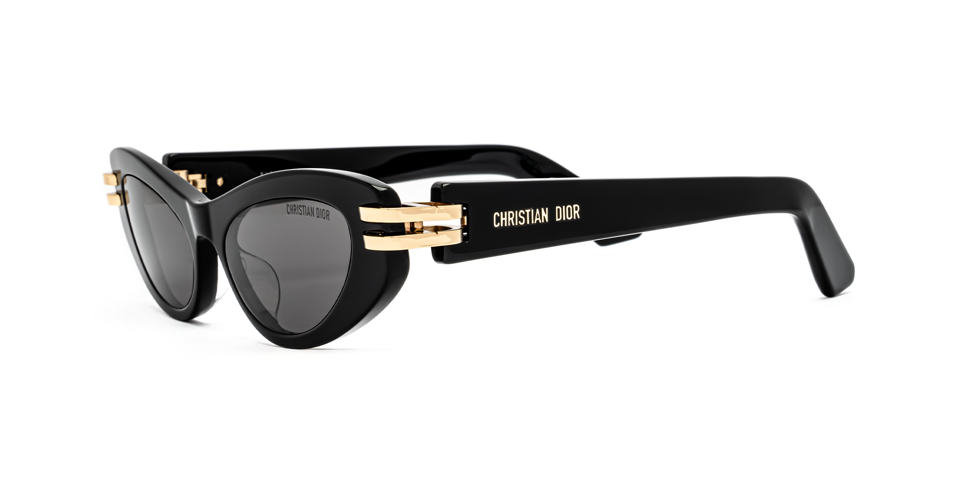 Christian Dior CDIOR B1U 10A0 cat-eye sunglasses for women in full rim acetate, with black frame, and grey lenses. 50mm in lens size, 16mm in bridge size, and 135mm in temple length.