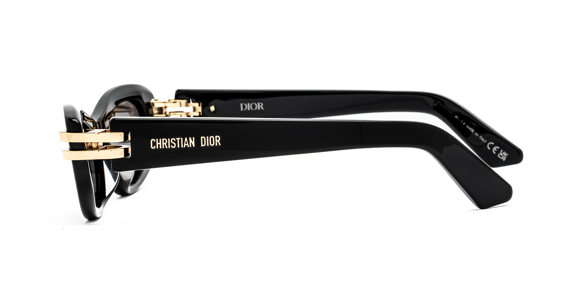 Christian Dior CDIOR B1U 10A0 cat-eye sunglasses for women in full rim acetate, with black frame, and grey lenses. 50mm in lens size, 16mm in bridge size, and 135mm in temple length.