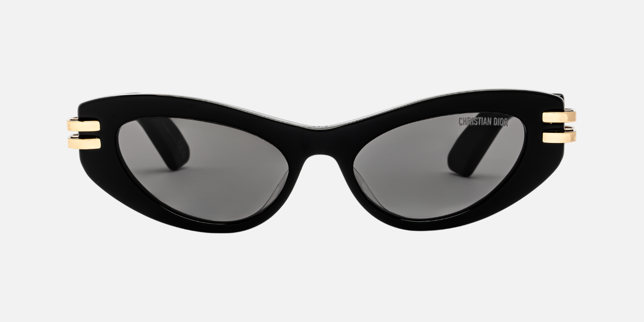 Christian Dior CDIOR B1U 10A0 cat-eye sunglasses for women in full rim acetate, with black frame, and grey lenses. 50mm in lens size, 16mm in bridge size, and 135mm in temple length.