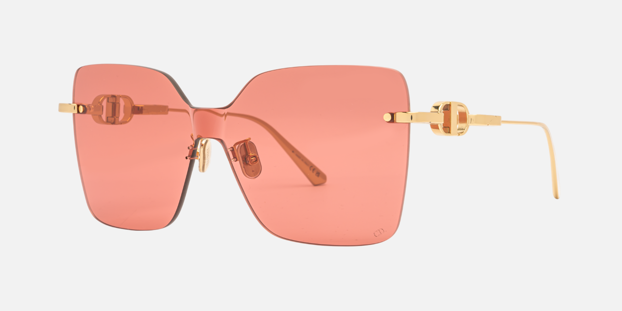 Christian Dior CD CHAIN M1U B0R0 shield sunglasses for women in rimless metal, with shiny gold frame, and roviex lenses. 140mm in lens size, 0mm in bridge size, and 120mm in temple length.