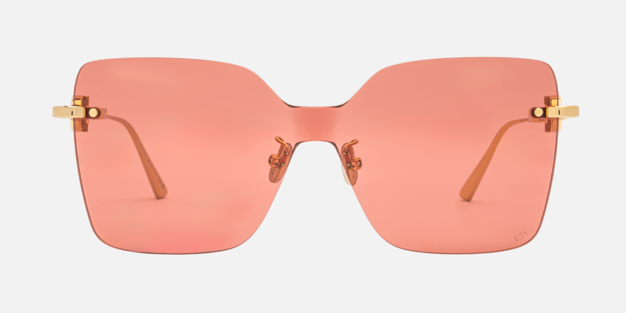 Christian Dior CD CHAIN M1U B0R0 shield sunglasses for women in rimless metal, with shiny gold frame, and roviex lenses. 140mm in lens size, 0mm in bridge size, and 120mm in temple length.