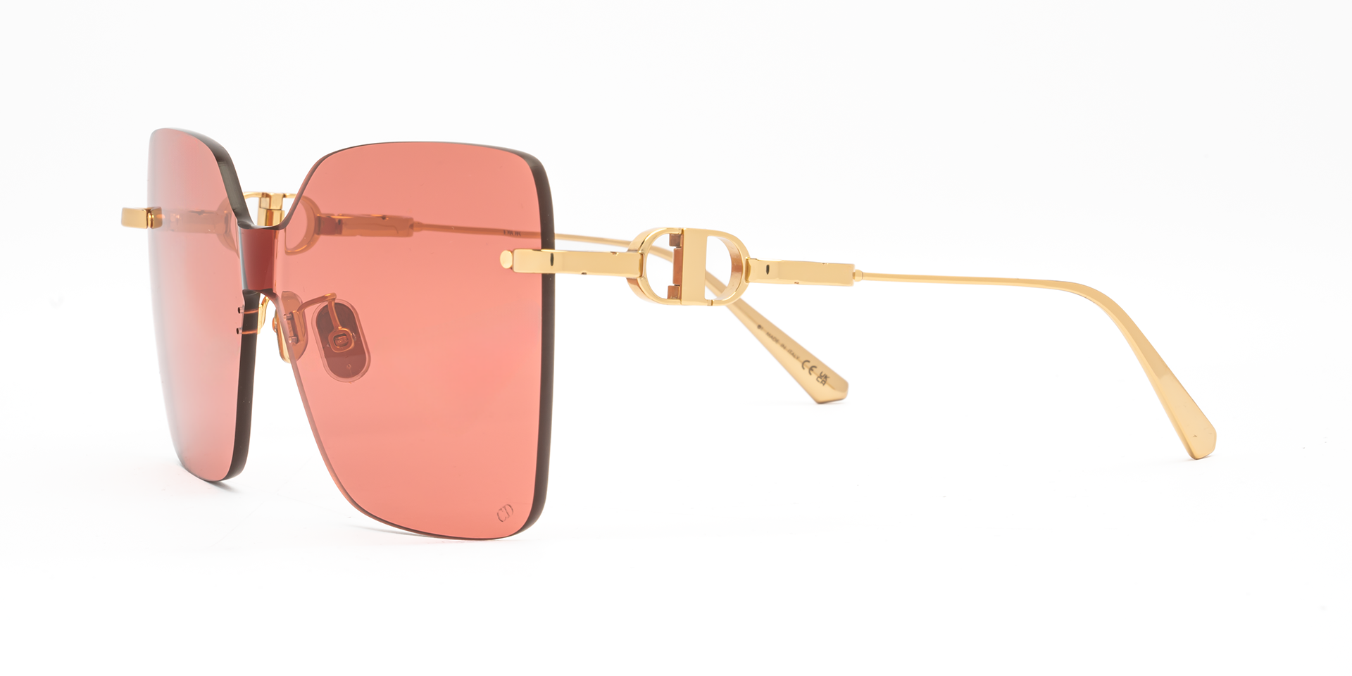 Christian Dior CD CHAIN M1U B0R0 shield sunglasses for women in rimless metal, with shiny gold frame, and roviex lenses. 140mm in lens size, 0mm in bridge size, and 120mm in temple length.