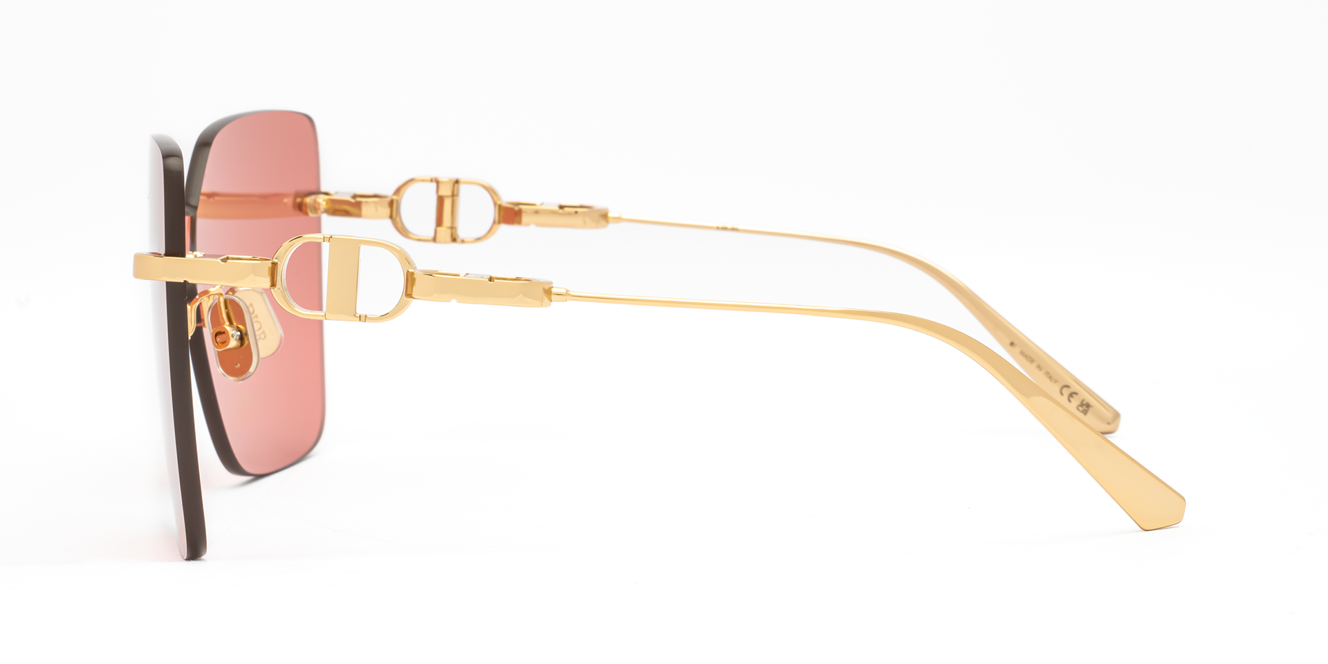 Christian Dior CD CHAIN M1U B0R0 shield sunglasses for women in rimless metal, with shiny gold frame, and roviex lenses. 140mm in lens size, 0mm in bridge size, and 120mm in temple length.