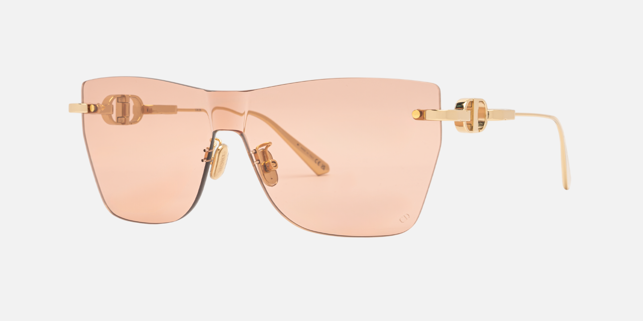 Christian Dior CD CHAIN M3U B0L0 butterly sunglasses for women in rimless metal, with shiny gold frame, and pink lenses. 143mm in lens size, 0mm in bridge size, and 120mm in temple length.