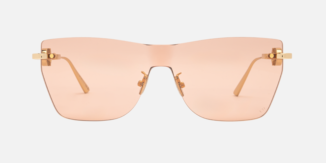 Christian Dior CD CHAIN M3U B0L0 butterly sunglasses for women in rimless metal, with shiny gold frame, and pink lenses. 143mm in lens size, 0mm in bridge size, and 120mm in temple length.