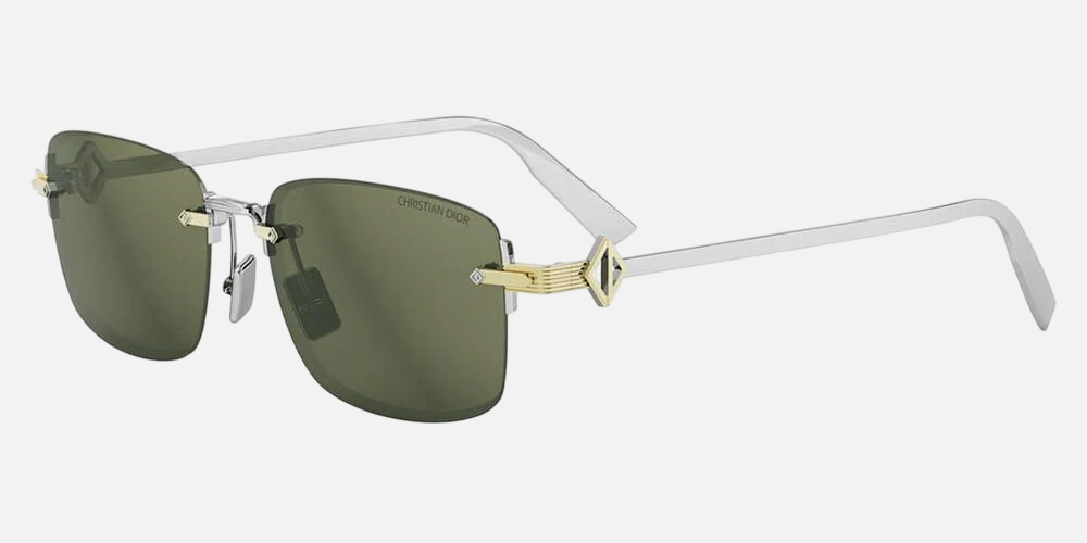 Christian Dior CD Diamond S11U F2C0 unisex's rimless rectangular sunglasses in a silver metal frame with green lenses. Features a 54 mm lens size, 16 mm bridge size, and 145 mm temple length. Available in Dubai, UAE.