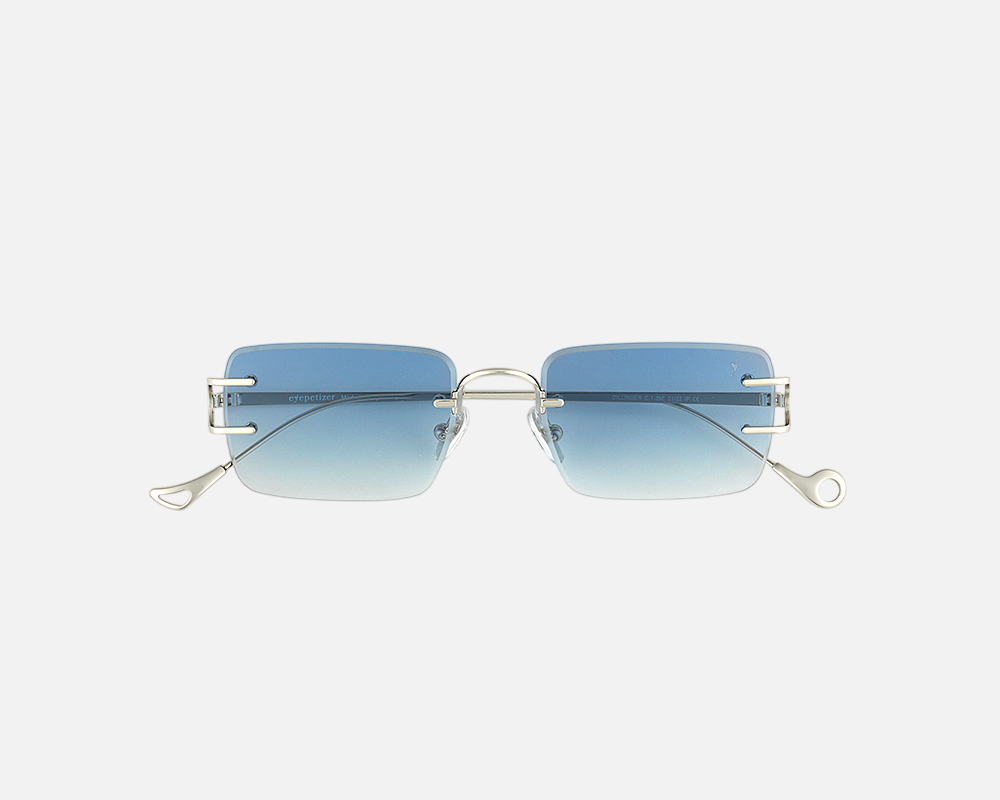 Eyepetizer Dillinger C.1-26 rectangular sunglasses for unisex in rimless steel, with silver frame, and blue gradient lenses. 52mm in lens size, 18mm in bridge size, and 145mm in temple length.
