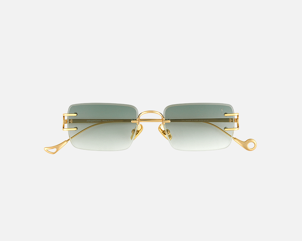 Eyepetizer Dillinger C.4-25 rectangular sunglasses for women in rimless steel, with gold frame, and green gradient lenses. 52mm in lens size, 18mm in bridge size, and 145mm in temple length.