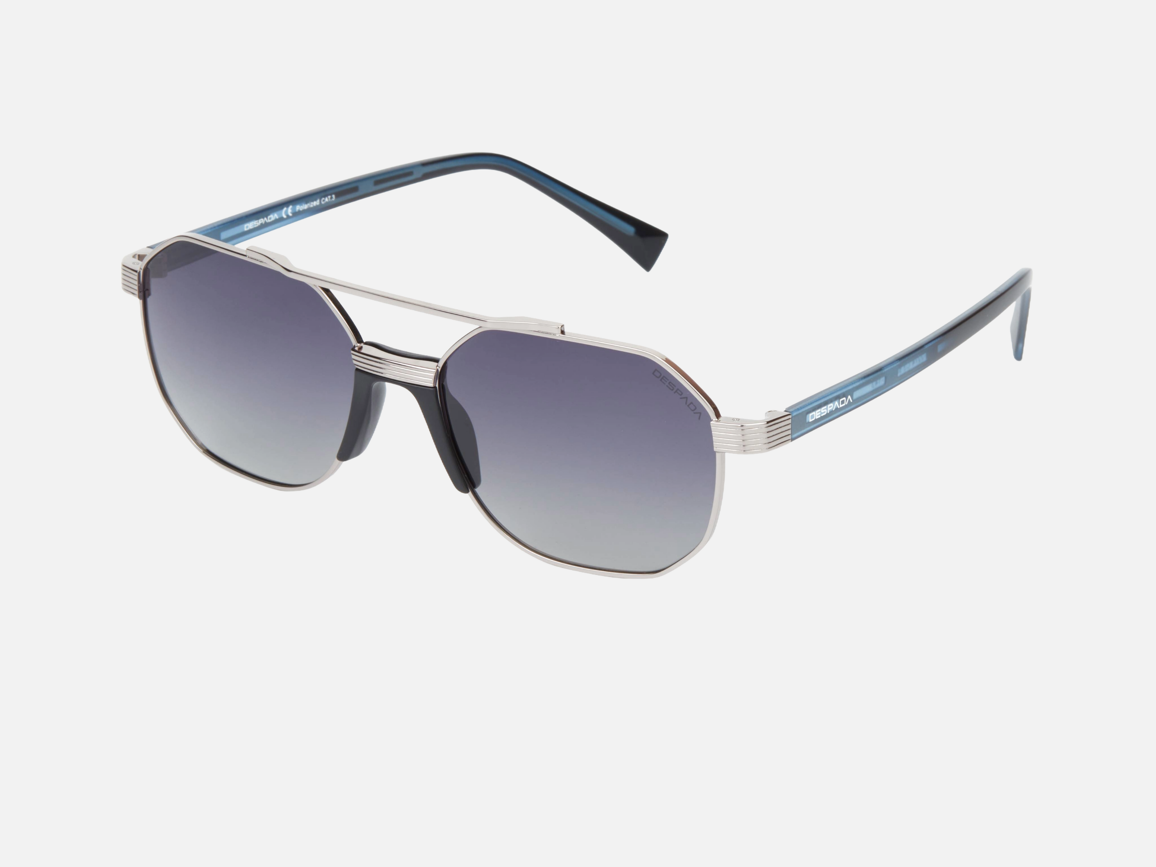 Despada DS 2274 C4 men's full rim geometric sunglasses in a silver blue metal frame with gradient grey lenses. Features a 56 mm lens size, 18 mm bridge size, and 143 mm temple length. Available in Dubai, UAE.