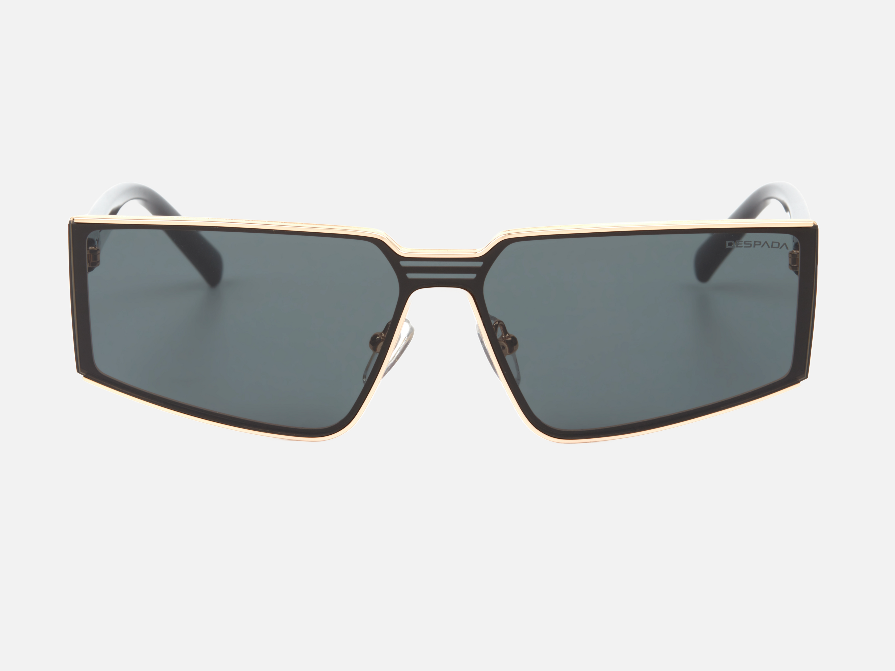 Despada DS 2311 C1 irregular sunglasses for women in full rim metal, with gold black frame, and grey lenses. 141mm in lens size, 1mm in bridge size, and 145mm in temple length.
