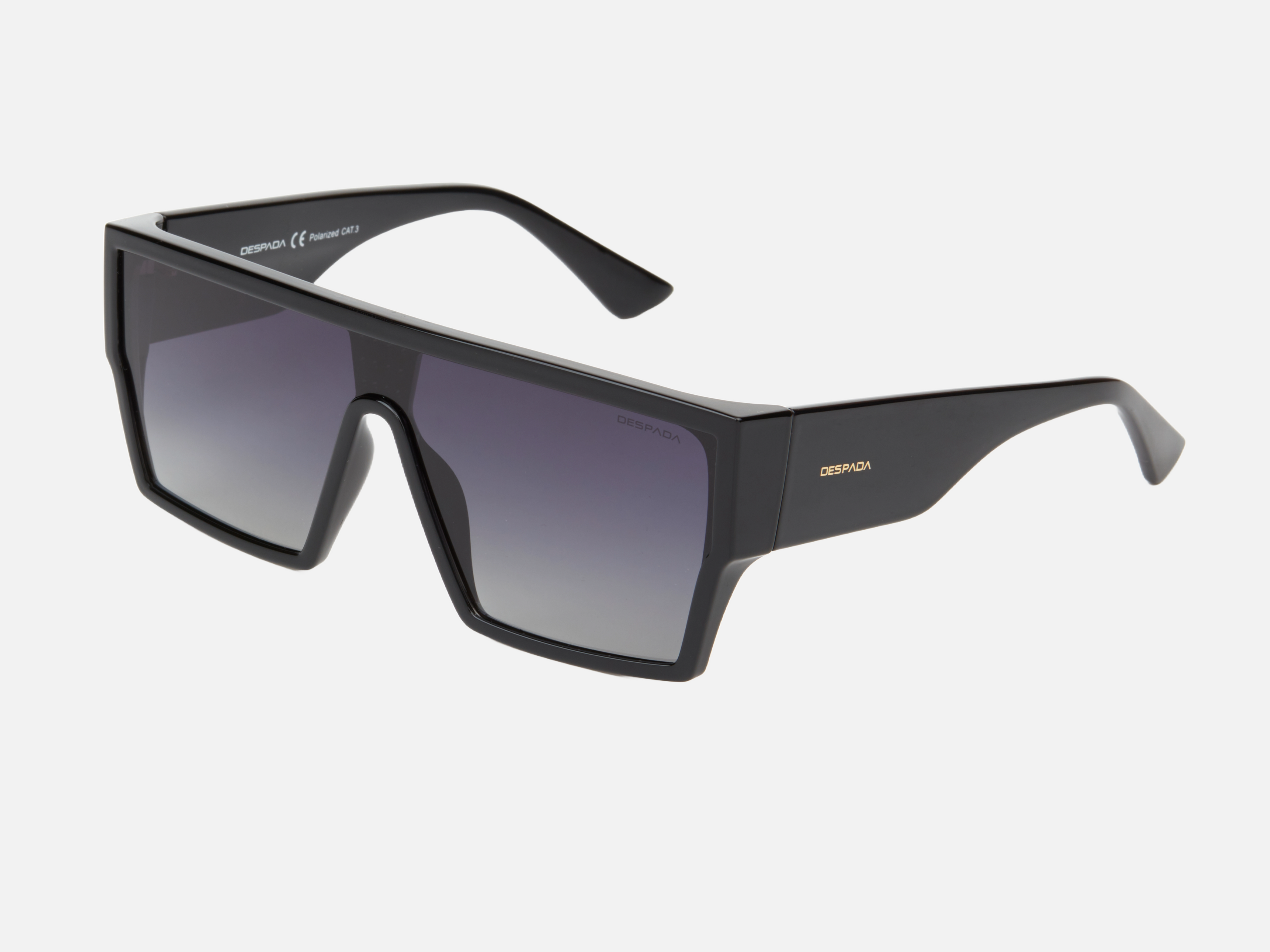 Despada DS 2318 C1 mask sunglasses for men in full rim plastic, with black frame, and gradient grey lenses. 136mm in lens size, 1mm in bridge size, and 140mm in temple length.