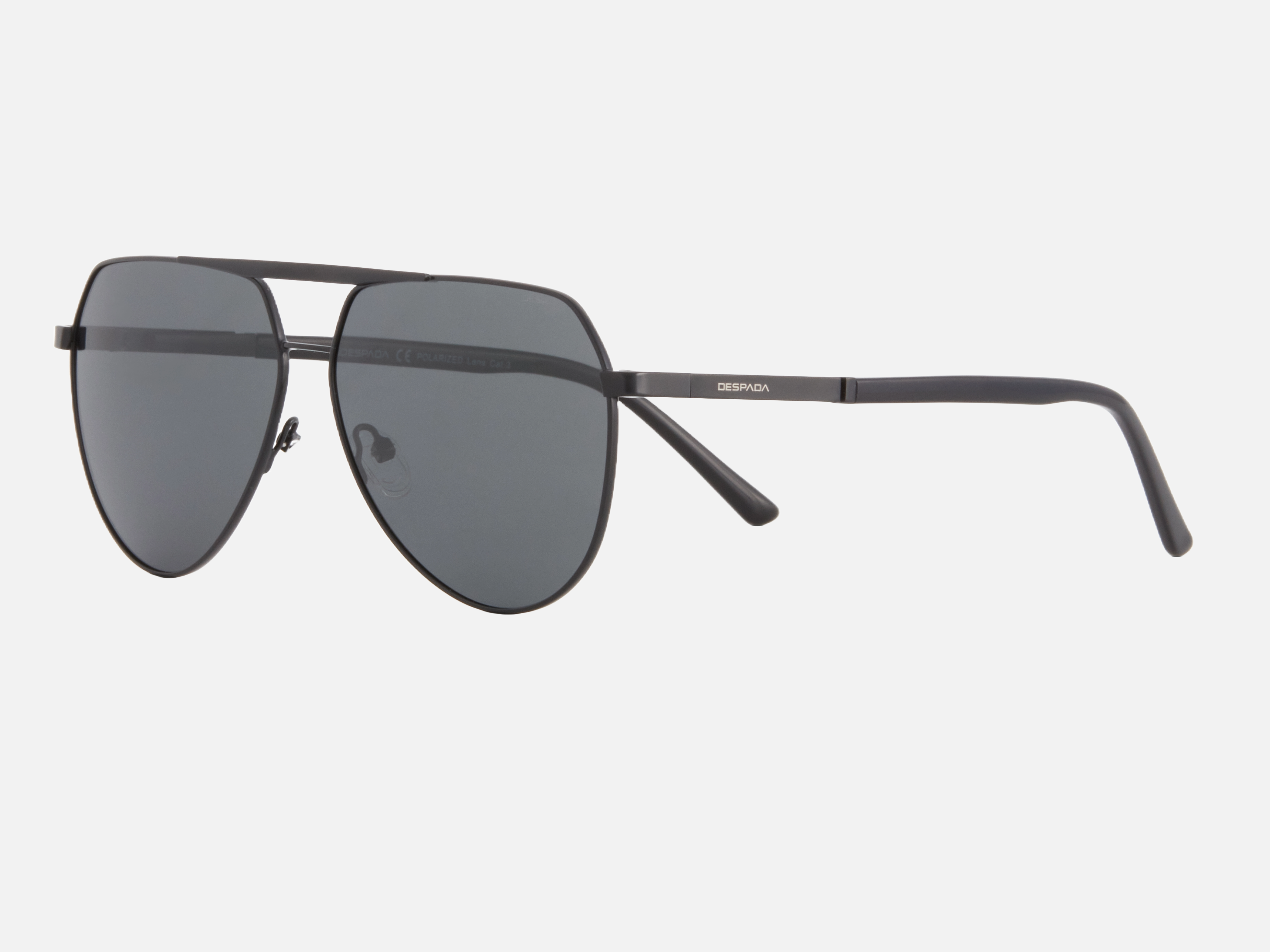 Despada DS 2342 C3 pilot sunglasses for men in full rim metal, with matte black frame, and grey lenses. 61mm in lens size, 12mm in bridge size, and 145mm in temple length.