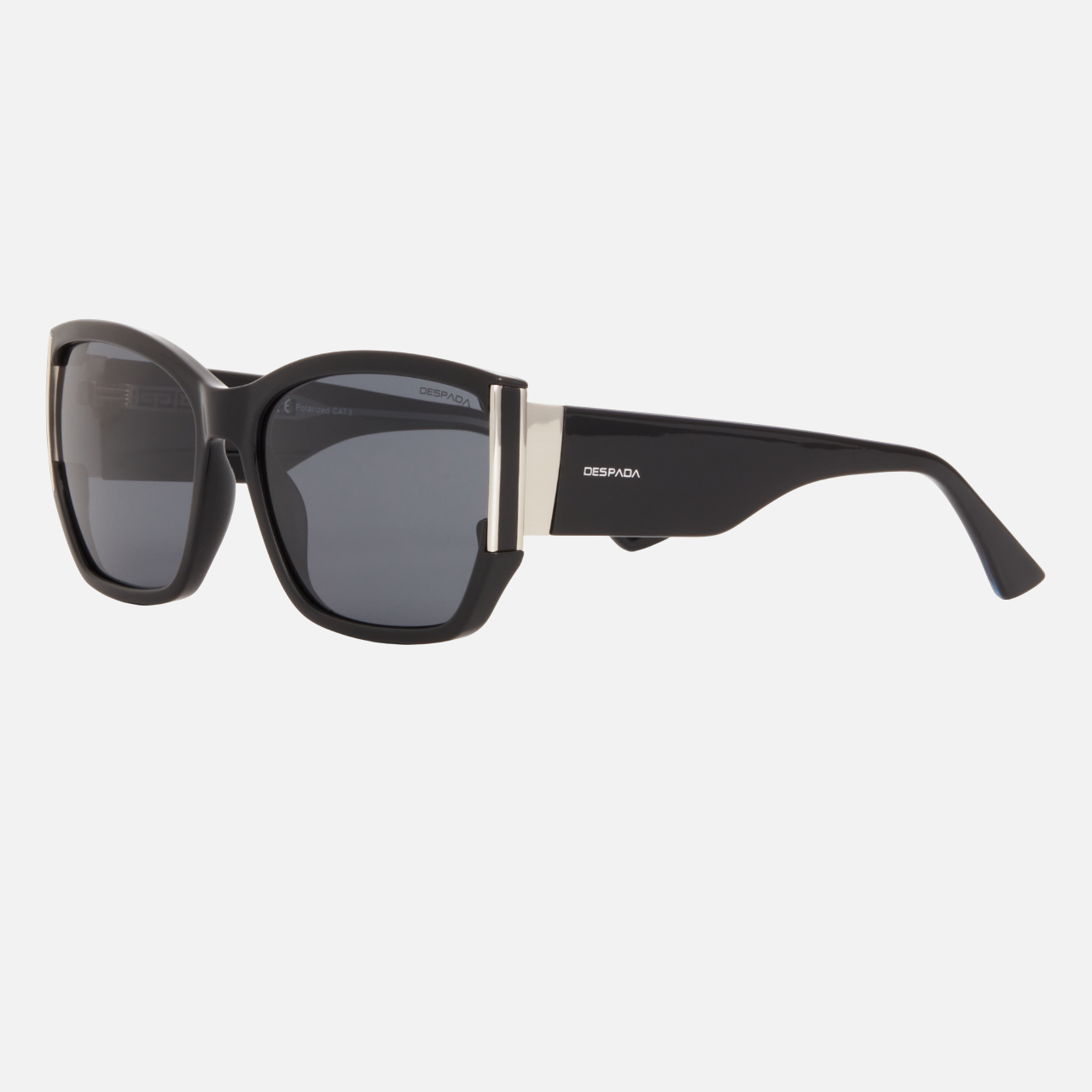 Despada DS 2353 C2 butterfly sunglasses for women in full rim plastic/metal, with black silver frame, and grey lenses. 61mm in lens size, 18mm in bridge size, and 140mm in temple length.