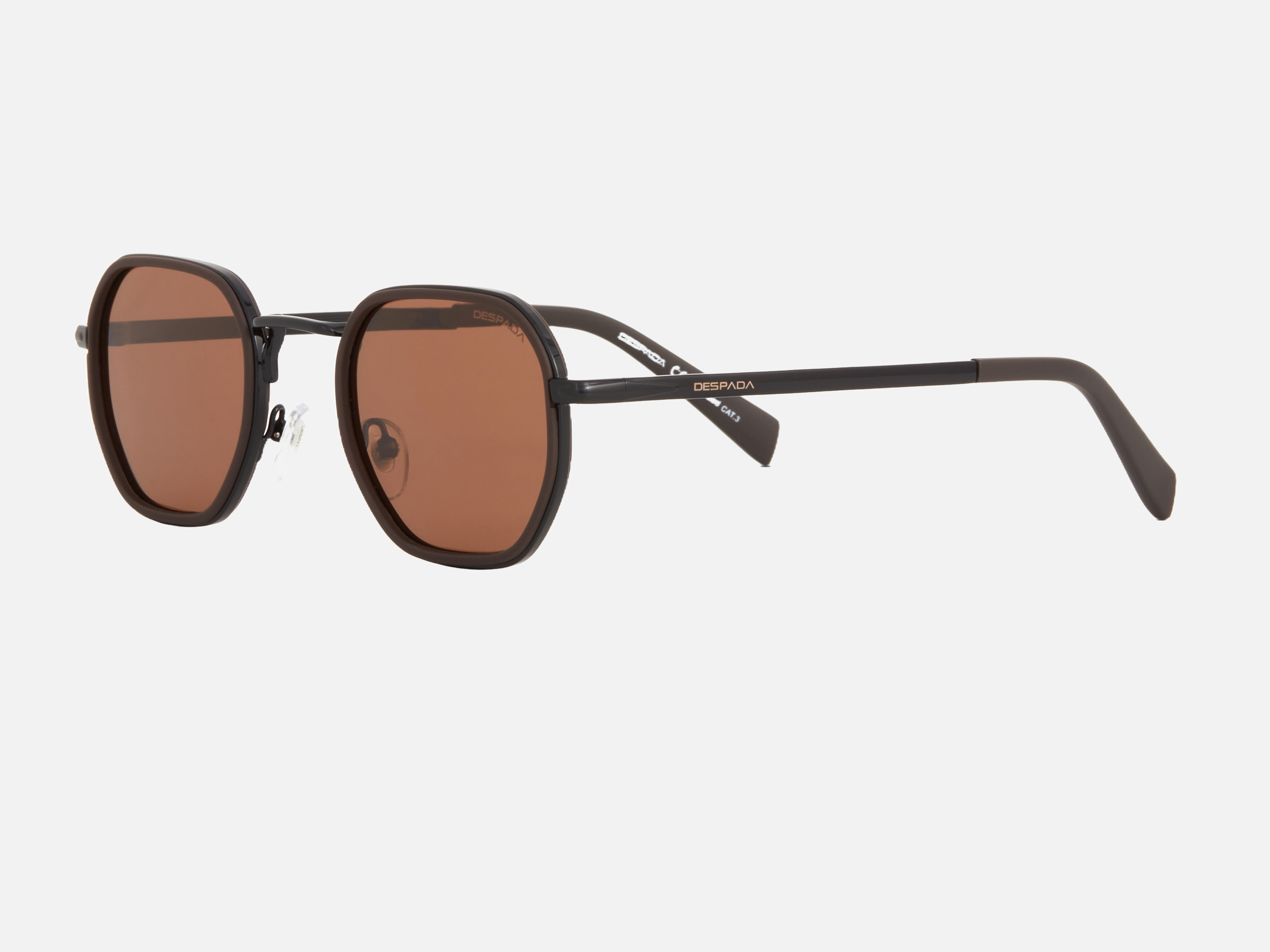 Despada DS 2361 C4 irregular sunglasses for unisex in full rim metal, with black brown frame, and brown lenses. 49mm in lens size, 25mm in bridge size, and 145mm in temple length.