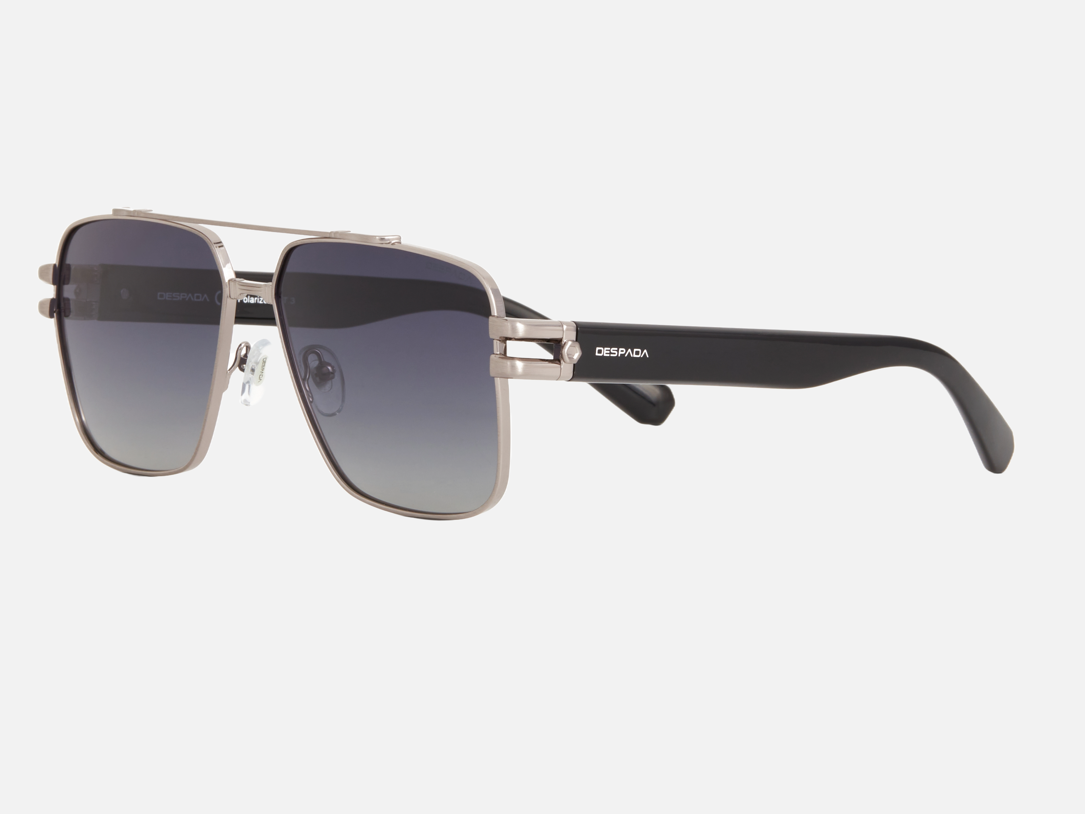 Despada DS 2368 C2 pilot sunglasses for men in full rim metal, with silver frame, and gradient grey lenses. 63mm in lens size, 14mm in bridge size, and 148mm in temple length.