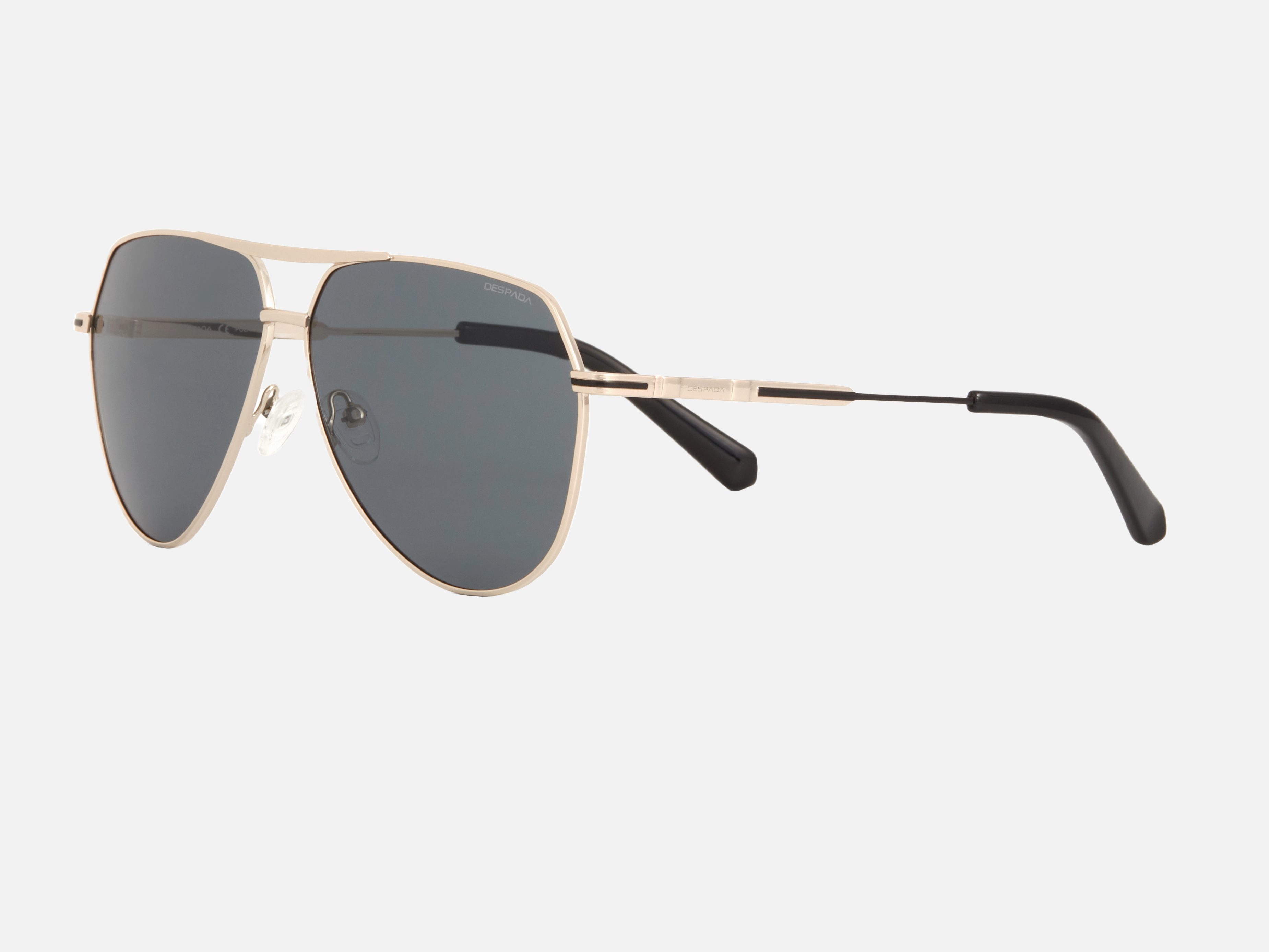 Despada DS 2387 C1 pilot sunglasses for men in full rim metal, with gold frame, and grey lenses. 62mm in lens size, 17mm in bridge size, and 137mm in temple length.