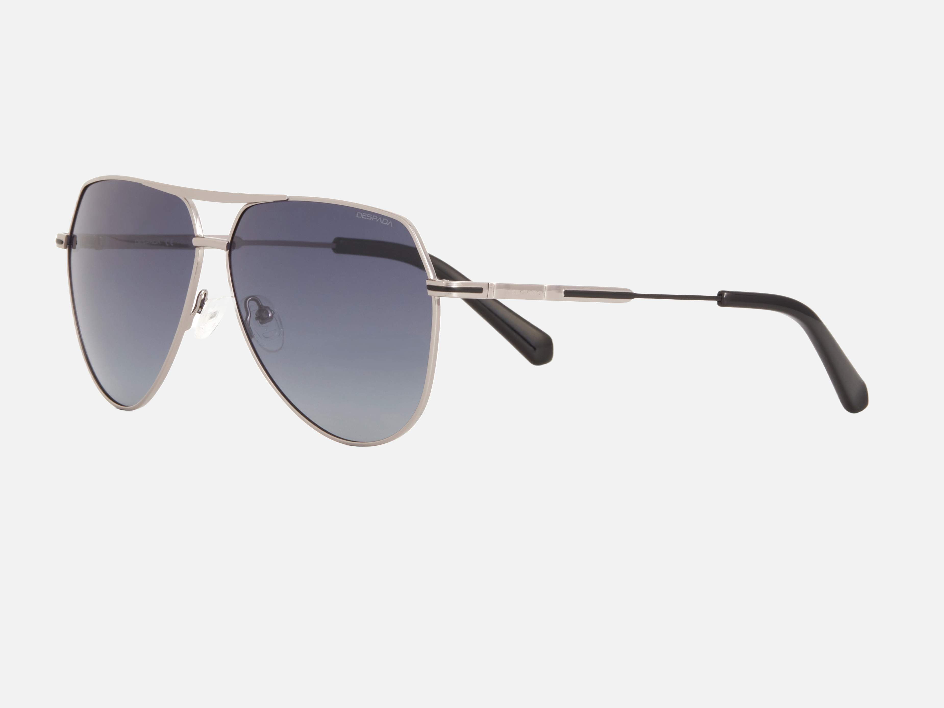 Despada DS 2387 C2 pilot sunglasses for men in full rim metal, with silver frame, and gradient grey lenses. 62mm in lens size, 17mm in bridge size, and 137mm in temple length.